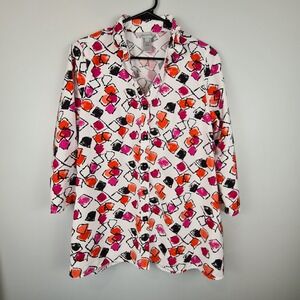 Multiples Tunic Top Blouse Women's S Shirt Button Down Pink Geometric 3/4 Sleeve